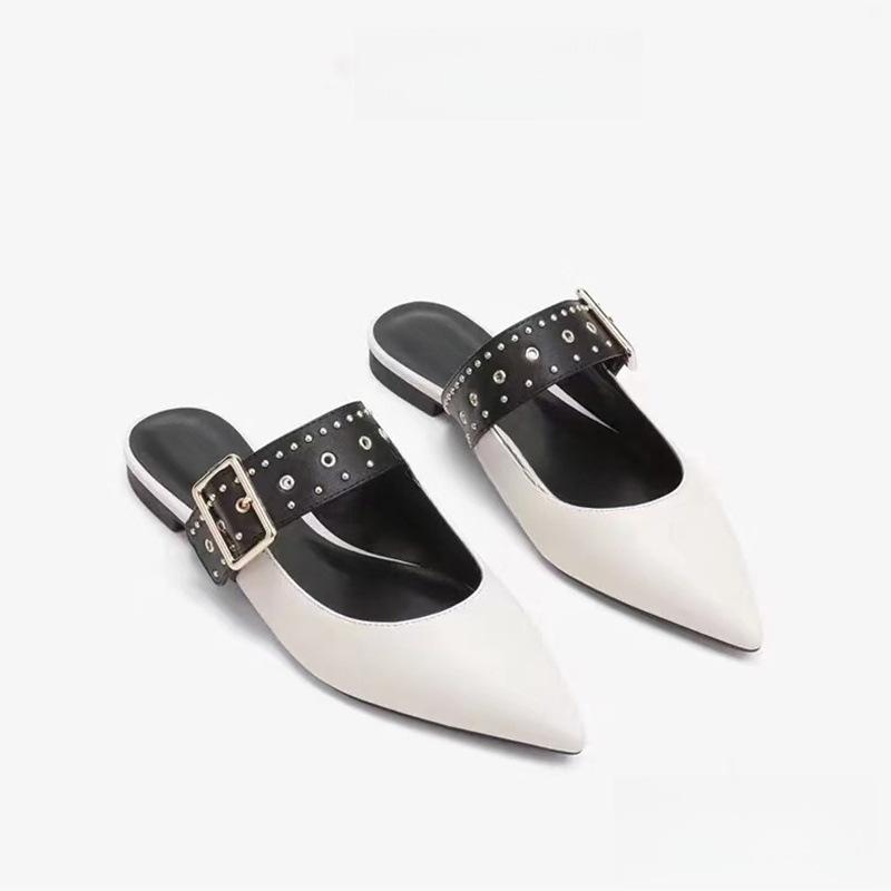 Rivet Sexy Pointed Flat Shoes Spring and Summer One-word Buckle with Rivet Bag Head Half Slippers Shoes Fashion