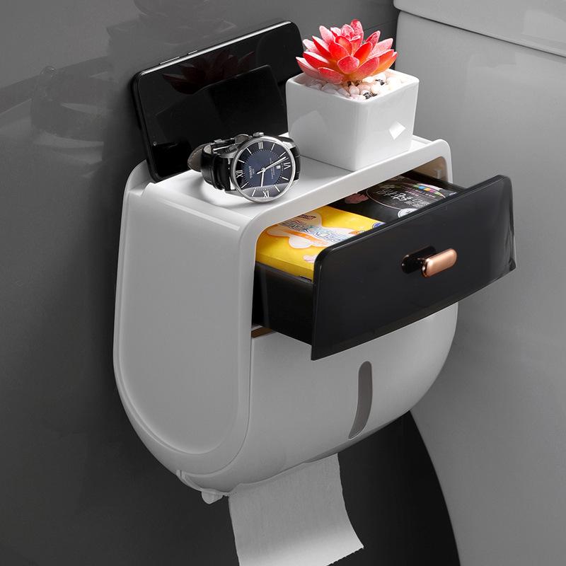 Punch-Free Wall-Mounted Waterproof Tissue and Toilet Paper Holder with Double-Layer Storage