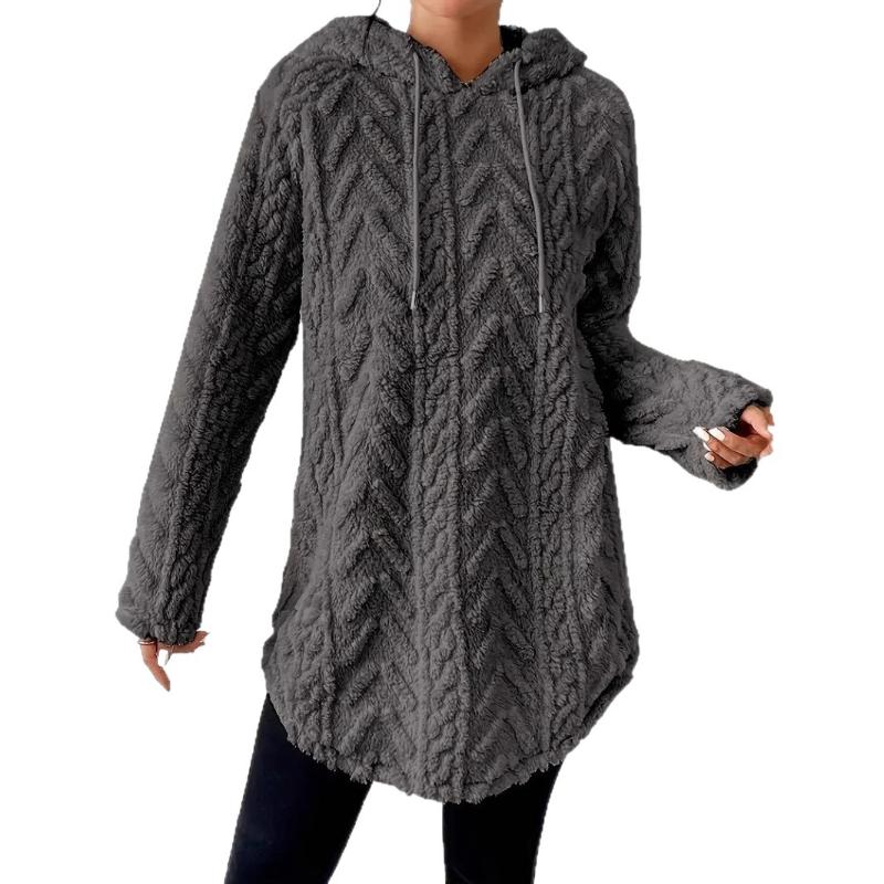 Women's Solid Color Hooded Jacquard Long Sleeve Jacket Slim Drawstring Furry Sweatshirt