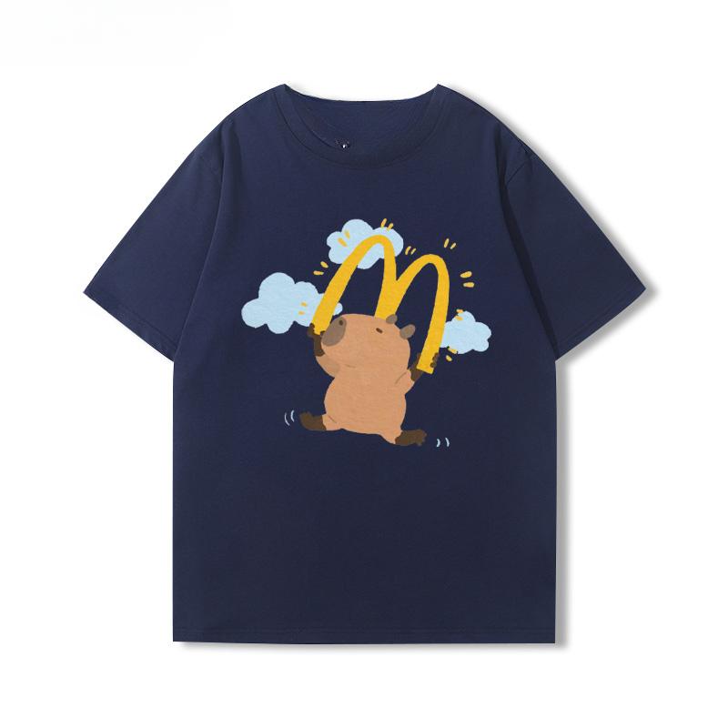2025 Cute Capybara Capibara Coffee Chips Cartoon Peripheral Short Sleeve Men's and Women's Summer Cotton T-shirt Trend Tops Tee