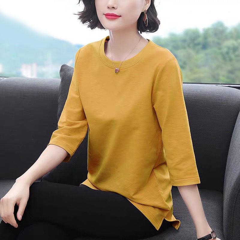 JKASHDK Women's Fashion Casual Summer Spring Solid Color Print 3/4 Sleeves O-Neck Blouses & Shirts