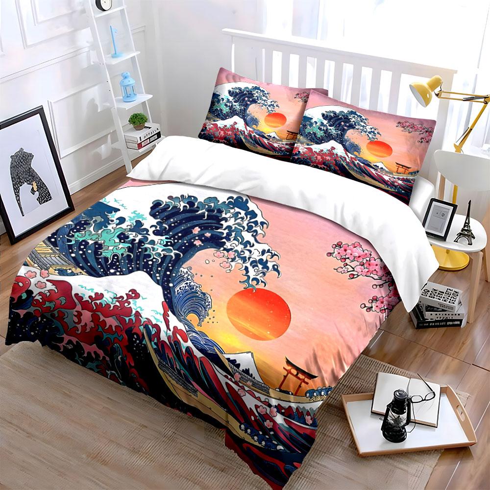 Japanese Art-Inspired Scenic Decor Set  Kid'S And Adults' Bedroom Decor, Exquisite Three-Piece Bedding Set Gift