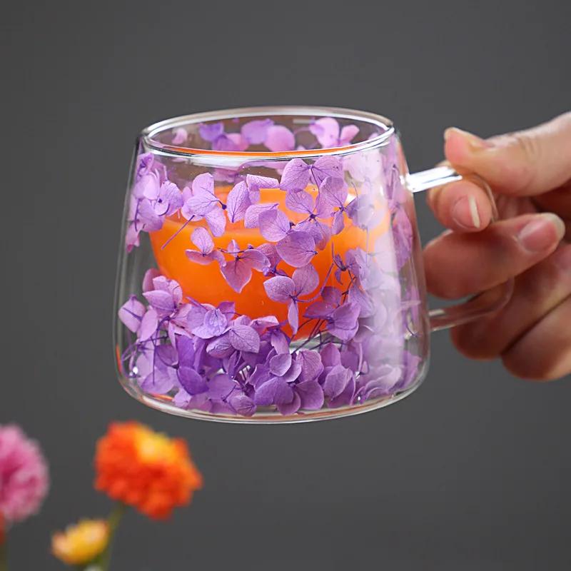 200ml Double Wall Glass Cup Clear Flowers Glass Tea Cup Double Wall Glass Originality Flowers Tea Cup Heat Resistant Tea Cups