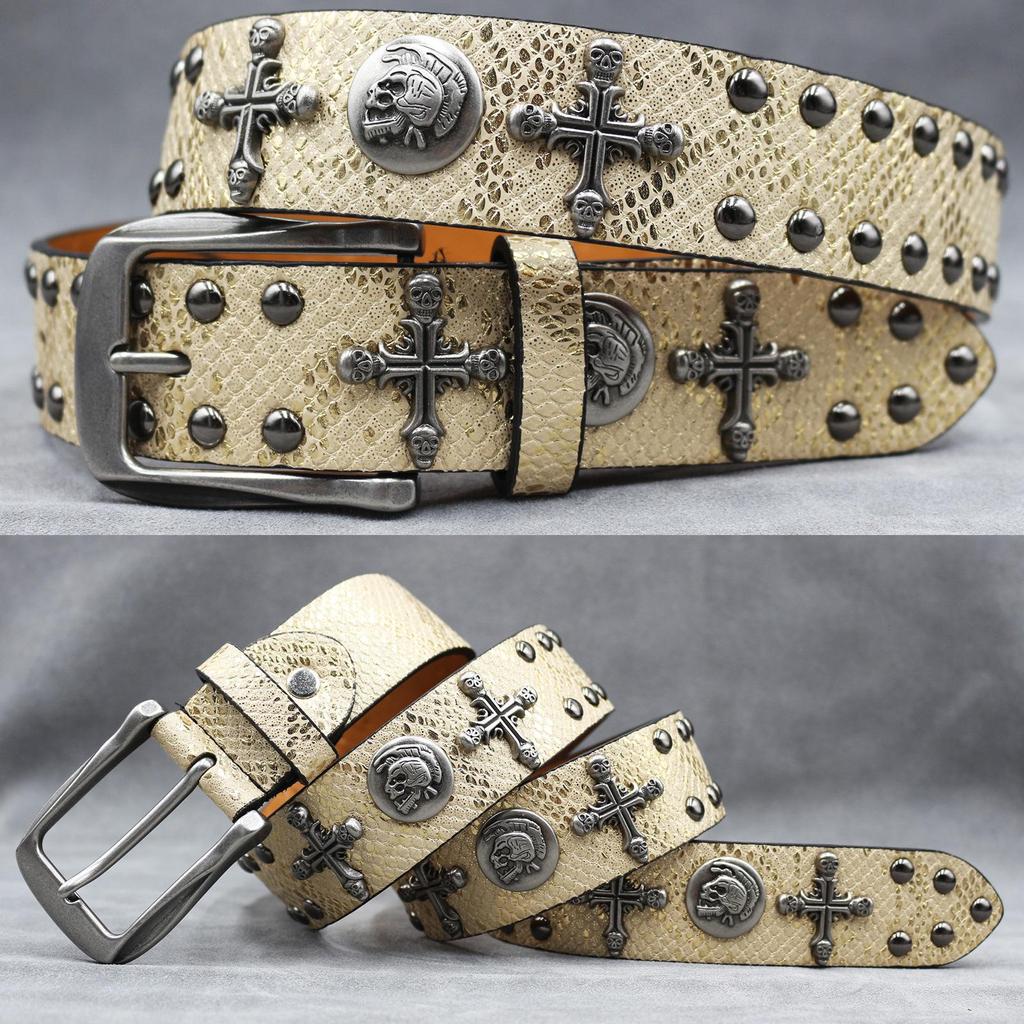 Kožený opasek s nýty ve tvaru lebky: Unisex punkový pásek s potiskem hada