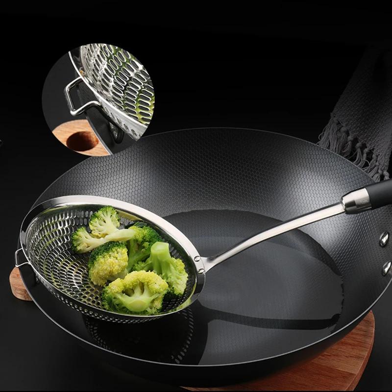 304 Stainless Steel Large Colander Oil Filter Kitchen Oil Frying Skimmer with Long Handle Noodles Food Sieve Cooking Tools
