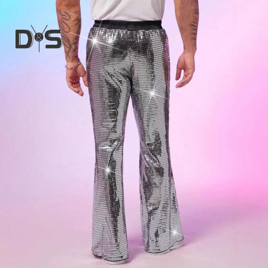 Herren-Schlaghose mit Pailletten, glänzend, Hip-Hop-Diskohose, elastische Taille, Retro-Hose mit weitem Bein für Bühnenauftritte, Nachtclubs, Bars und Tänze
