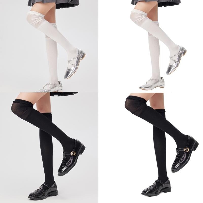 Solid Color Stretch Ruffle Trim Over Knee Long Socks for Women Japanese Student Sheer Mesh Splicing Thigh High Stockings