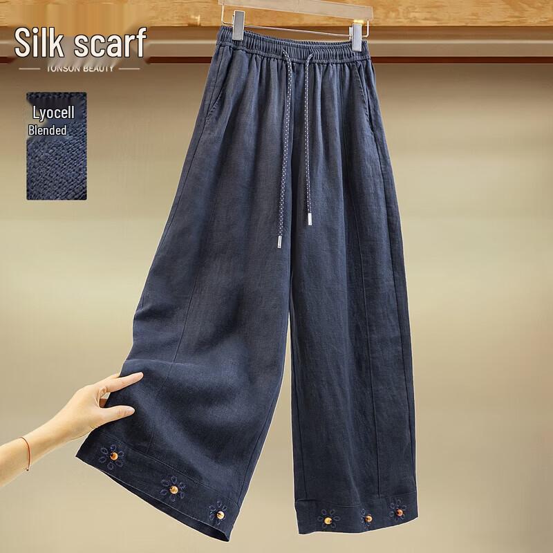 Women s Tencel Linen Elastic Drawstring Wide-Leg Pants M