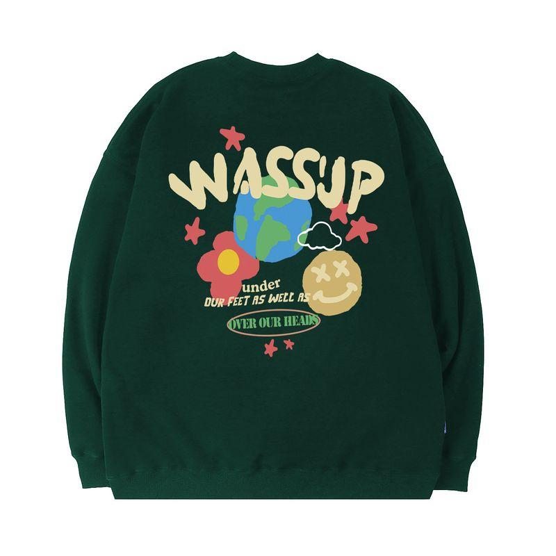 Wassup Trendy Brand Graffiti Smiley Face Earth Round-Neck Sweatshirt for Men, Spring and Autumn Heavyweight Versatile Couple Style American Top