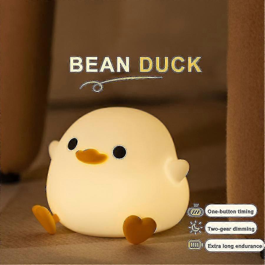 Cute Bean Duck Led Night Light, Rechargeable Cartoon Silicone Bedroom Light, Touch Sensor Timing Bedside Lamp For Kids Gift
