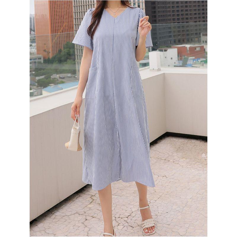 Korean Style Plus size women clothing Fat Sister Summer V-neck Stripe Pullover Front Slit Mid-Length Short sleeve Dress L-4XL
