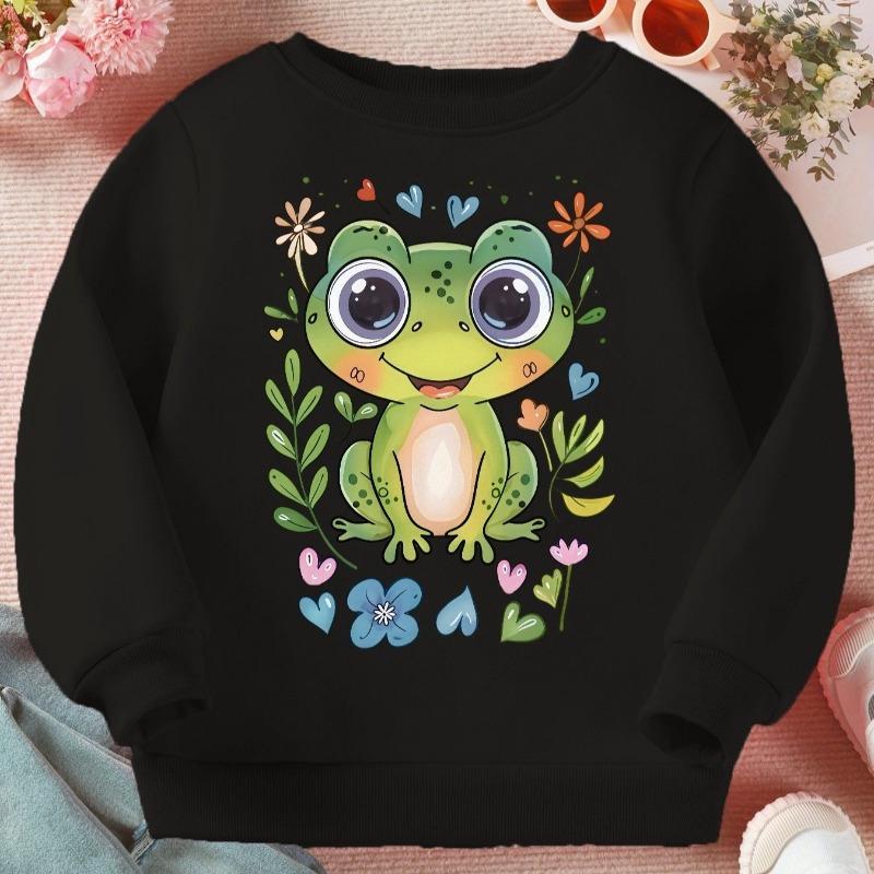 Kids Crewneck Sweatshirt, Cute Green Frog Floral Heart Print Long Sleeve Casual Top for Spring Autumn