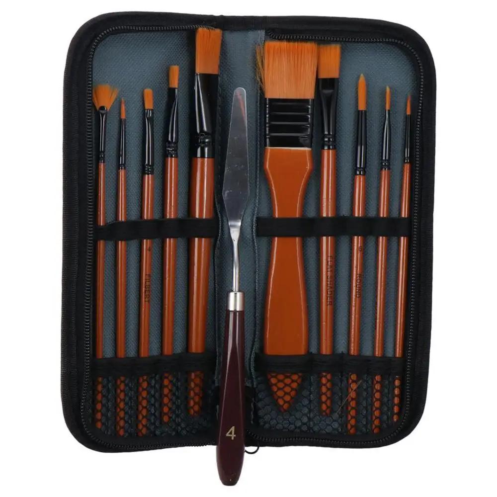Wood 10 Pieces Paint Brush Set Composed of Orange and Black 23*9.5cm 1 Paint Spatula with Brush Case For Acrylic