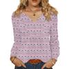 Women's Fashionable Casual V-neck Blouse Button Christmas Printed Long-sleeved Pullover T-shirt Top