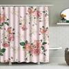 Vintage Pink Floral Shower Curtain With Green Leaves Decorative Bathroom Waterproof Fabric European Style Modern Home Decoration