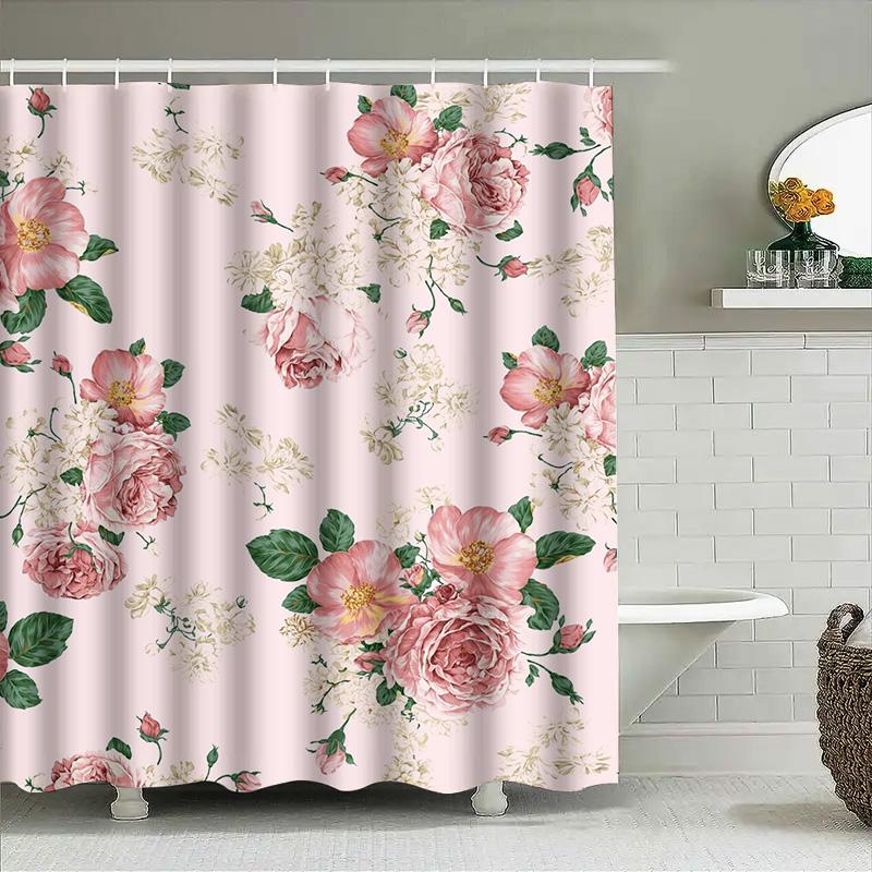 Vintage Pink Floral Shower Curtain With Green Leaves Decorative Bathroom Waterproof Fabric European Style Modern Home Decoration