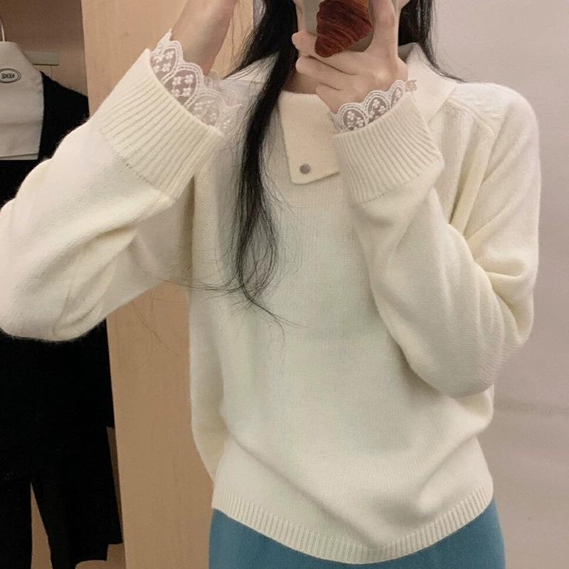 Premium sense shoulder sleeve mouth with lace soft waxy can be worn outside lapel long sleeve wool knitted sweater women's pullover sweater top
