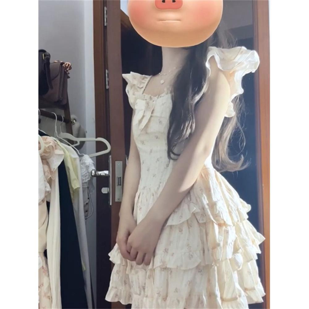 

Милое девичье кружевное платье с маленькими рукавами-крылышками, с цветочным принтом, цвета чистого молока, милое, нежное, пушистое, с юбкой принцессы XL- (recommended 110-60kg)