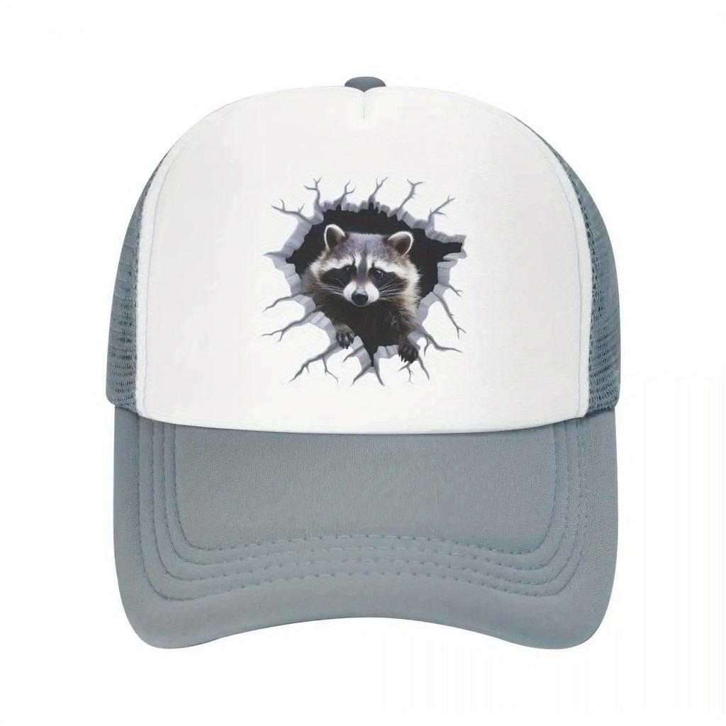 Raccoon Breaking Through Hole Trucker Hat Polyester Casual Snapback Cap Adjustable Unisex Outdoor