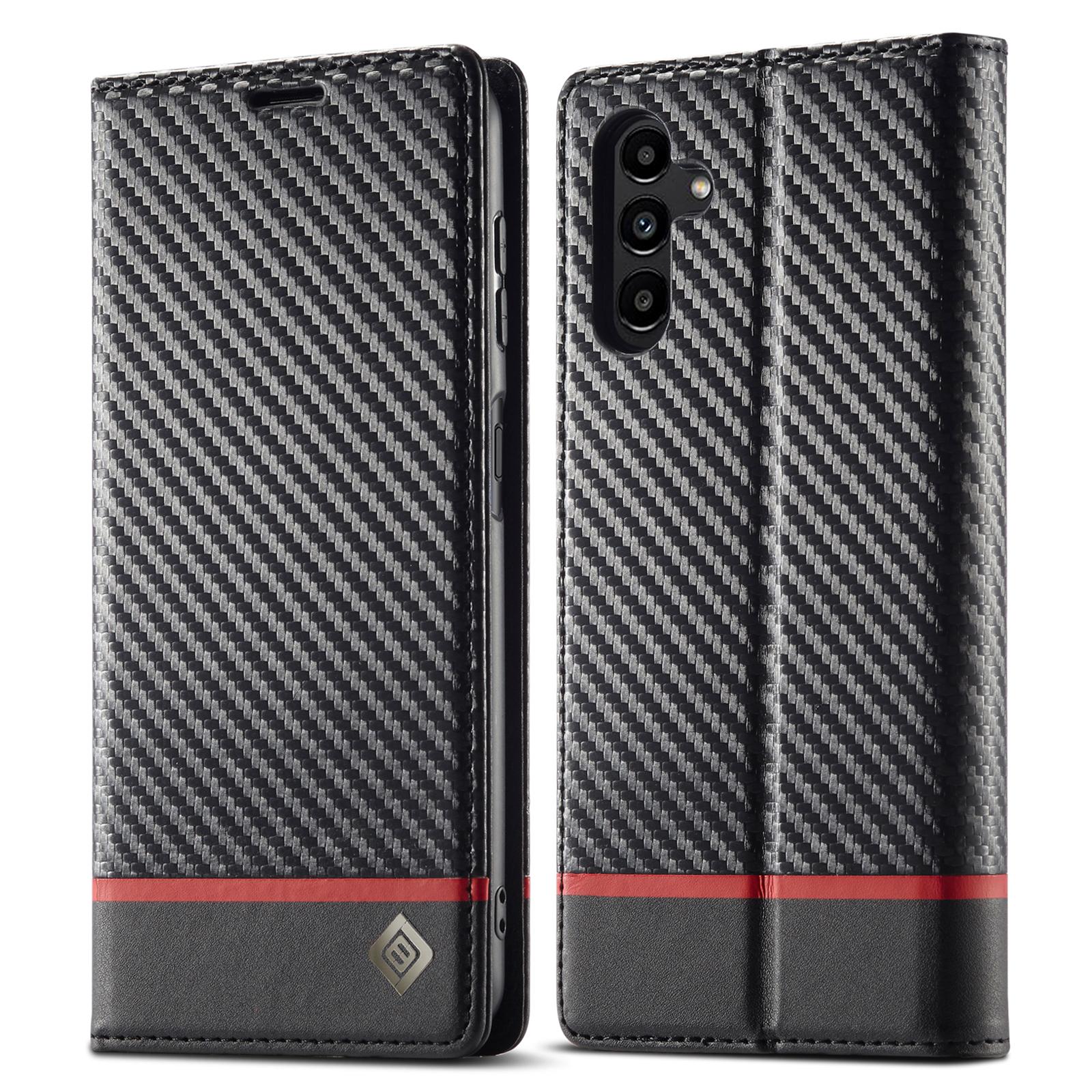 

LC.IMEEKE For Samsung Galaxy S24 FE Case Carbon Fiber Texture Phone Cover Stand Card Holder Horizontal Stripe