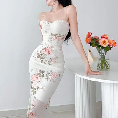 Elegant Flower Print Suspender Dress Women Fashion Off Shoulder Backless Midi Dresses Chic Female Party Club Vestidos