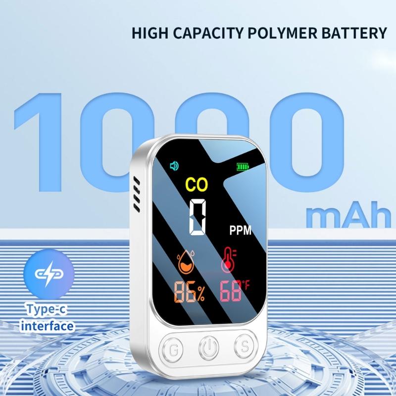 Easy Carry  Small  Carbon Monoxides Alarm with CO Temperature Humidity Detection & LED Screen ABS for Multiple Scene Use