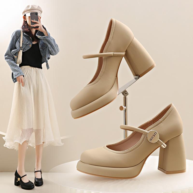 Women's French Soft Leather Thick Heel New Style Fashion Buckle Waterproof Platform Retro High Heel Mary Jane Shoes