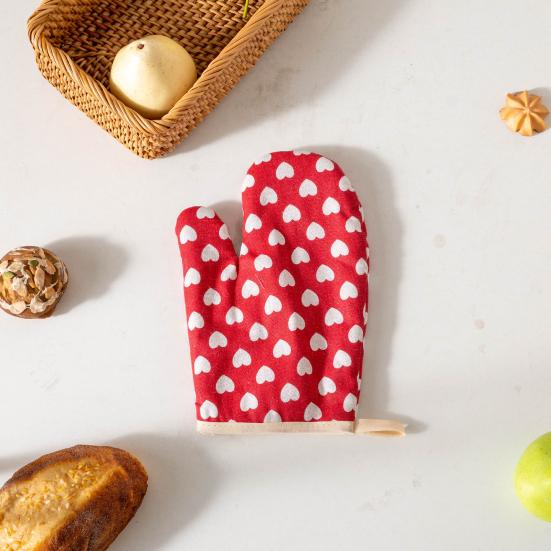Thickened Cotton Oven Mitts with Heart Print Heat-Resistant Baking Gloves for Microwave Grill & Cooking Non-Slip Breathable Kitchen Essential