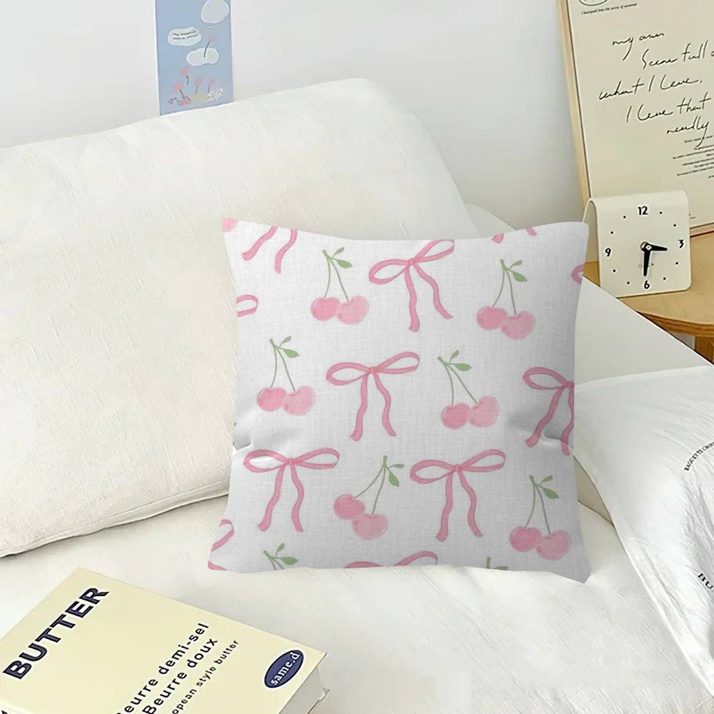 Art Pink Bow Cherry Lovely Kawaii  Cushion Cover  Polyester Sofa Cushions Decorative Throw Pillows Home Decoration Pillowcover