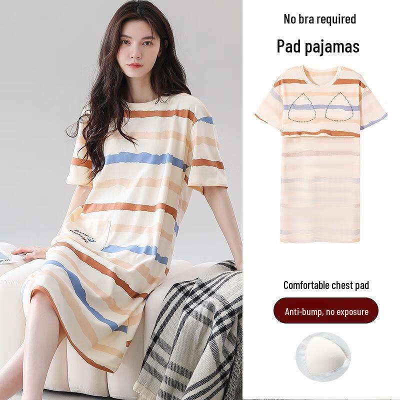 Gureide Women's Summer Cotton Short Sleeve Nightdress with Chest Pads