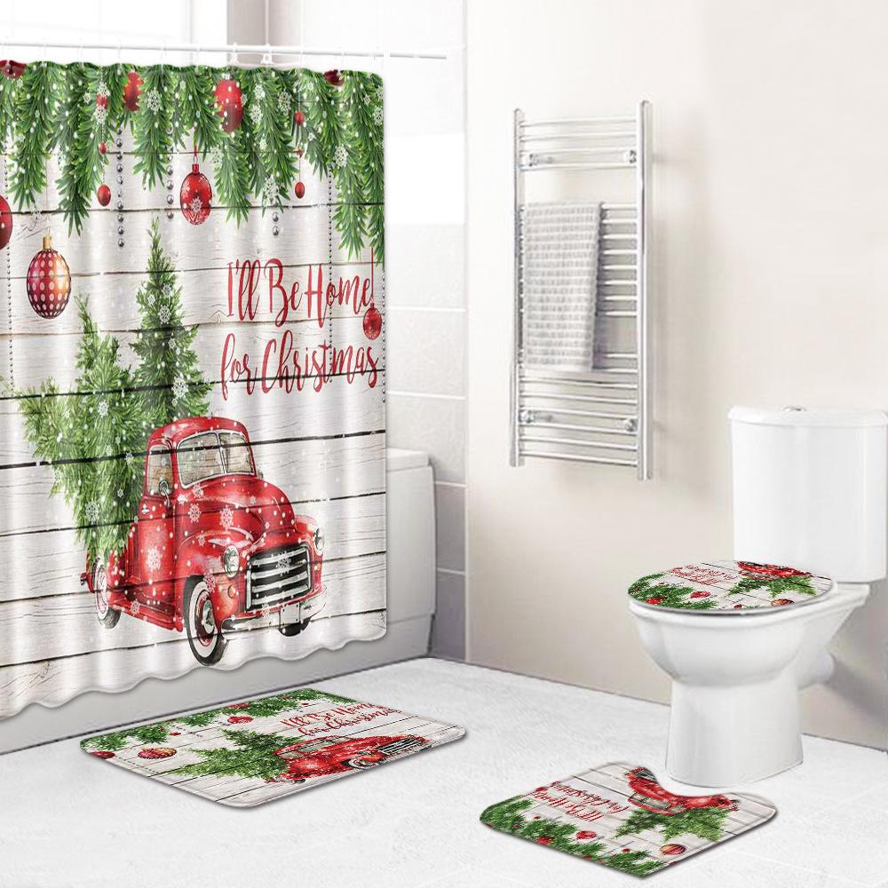 Christmas Toilet Seat Shower Curtain Four-Piece Printed Floor Mat Set Bathroom Floor Mat Bedroom Absorbent Door Mat Carpet