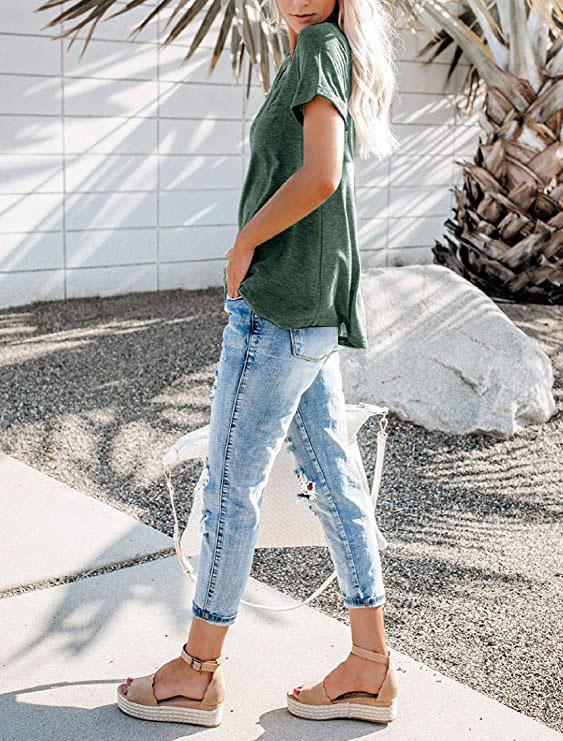 New Women's V-Neck Short Sleeve Loose Pocket T-shirt for Spring/Summer - Europe & America Style