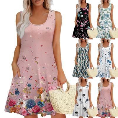 Robe d'été décontractée à col en U et imprimé floral pour femme, sans manches, avec poches