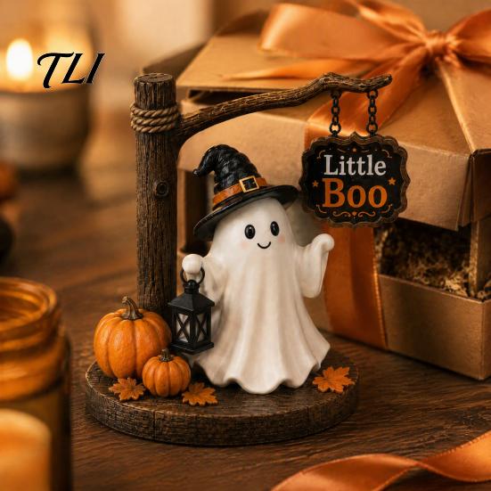 Autumn Home Decor Cute Ghost Figurine with Witch Hat, Resin Halloween Tabletop Decor, Little Whimsical Hat Boo Statue for Fall Office Shelf