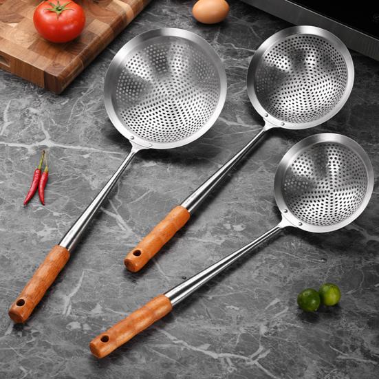 Stainless Steel Large Skimmer with Slotted Spoon for Wooden Handle Heavy-Duty Frying Dumplings Noodles Rust-Proof Dishwasher