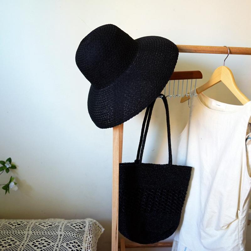 French Elegant Retro Black Foldable Big Brim Bell Basin Hat Women'S Summer Shade Holiday Beach Big Straw Hat