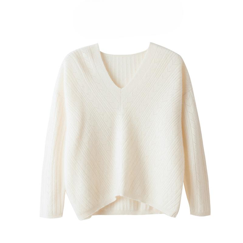 Big V-Neckline Hollow Design Cashmere Sweater Spring and Autumn Updated Comfortable Fit Versatile Pullover Sweater Top