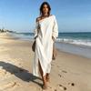 Women's One Shoulder Long Sleeve Maxi Dress Casual Cotton Linen Long