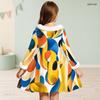 Girls High Neck Long Sleeve Geometric Printed Dress Furry Collar And Cuffs A Line Flared Hem