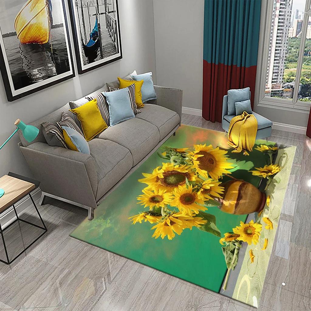 3D Oil Painting Sunflower Carpet for Living Dining Room Bedroom Kitchen Van Gogh Sunflower Nursery Rug Floor Non Slip Area Rug