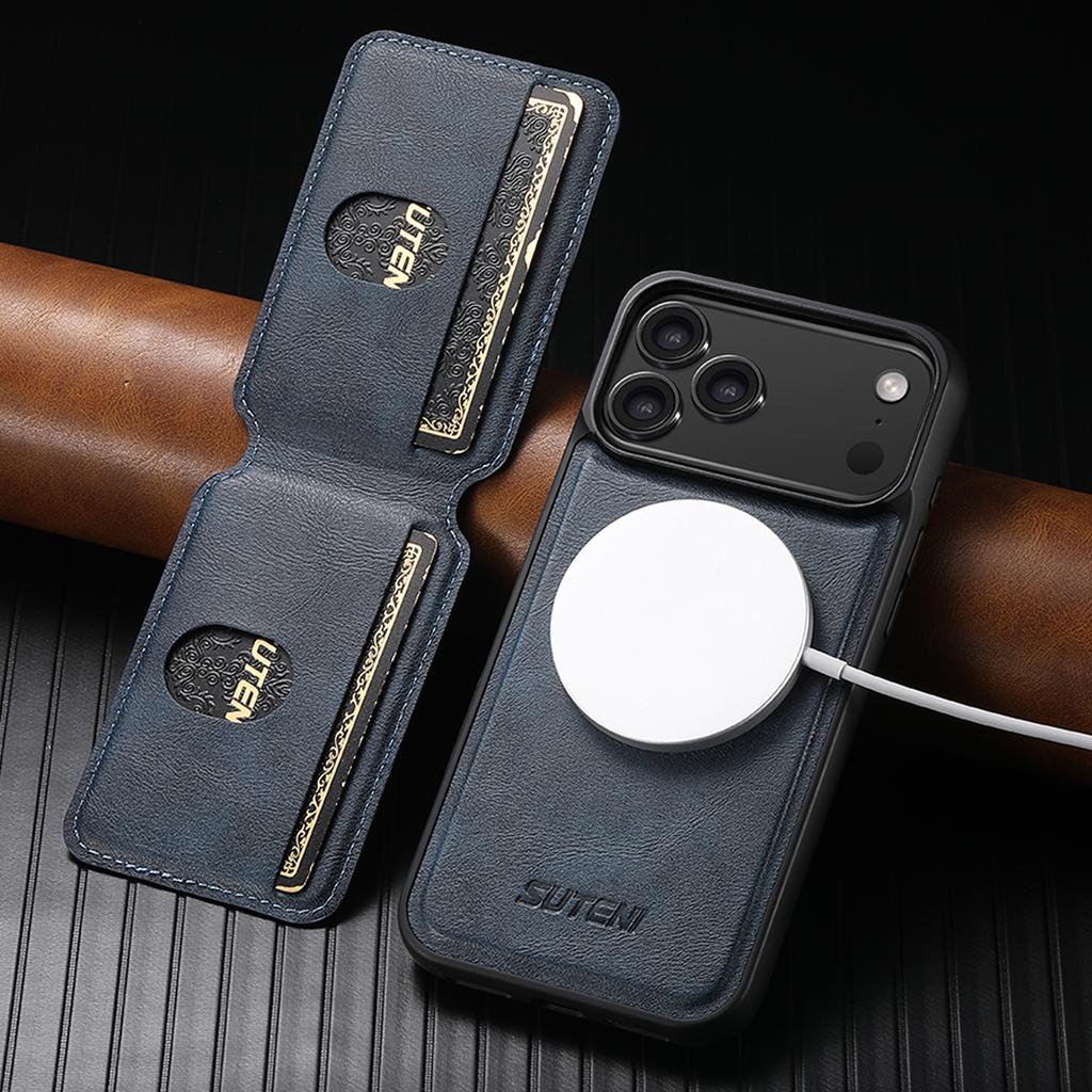 SUTENI Wireless Charging Magnet Faux Leather Phone Case Card Holder Stand Wallet 2-in-1 for IPhone 18 Pro Max 17 16 15 14 13 12