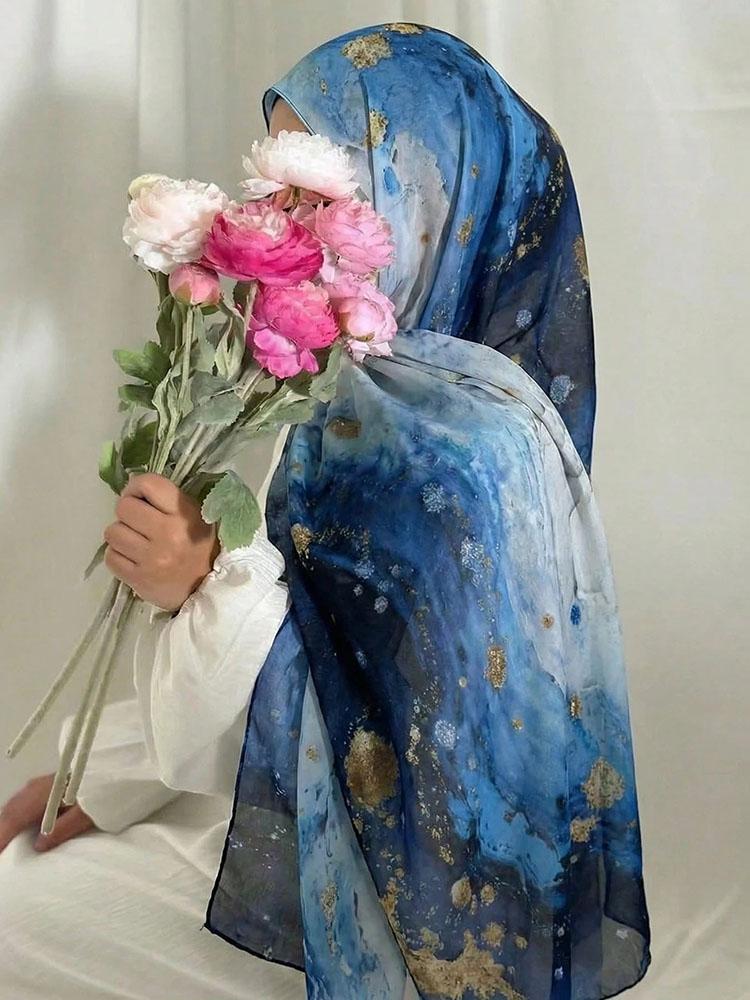 

Рамадан Мусульманские Хиджабы Женские Шарфы с Акварельным Принтом Foulard Femme Шаль Роскошный Хиджаб на Курбан-байрам Исламский Платок на Голову Весна 2026