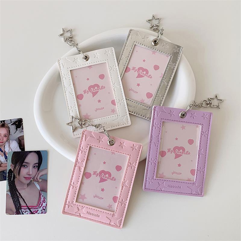 Cute Pu Leather Star Card Holder Photocard Holder Idol Photo Display Storage Protective Cover Keyring Pendant Bag Charms Gifts