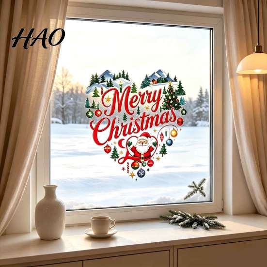 Santa Claus Wall Stickers Merry Christmas Window Cling, Heart Shaped Sticker with Xmas Creative Holiday Home Accents Tree Balls, Winter Static