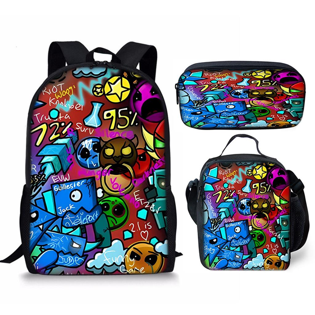 Hip Hop Popular Funny Geometry Dash 3D Print 3pcs/Set pupil School Bags Laptop Daypack Backpack Crossbody Lunch bag Pencil Case