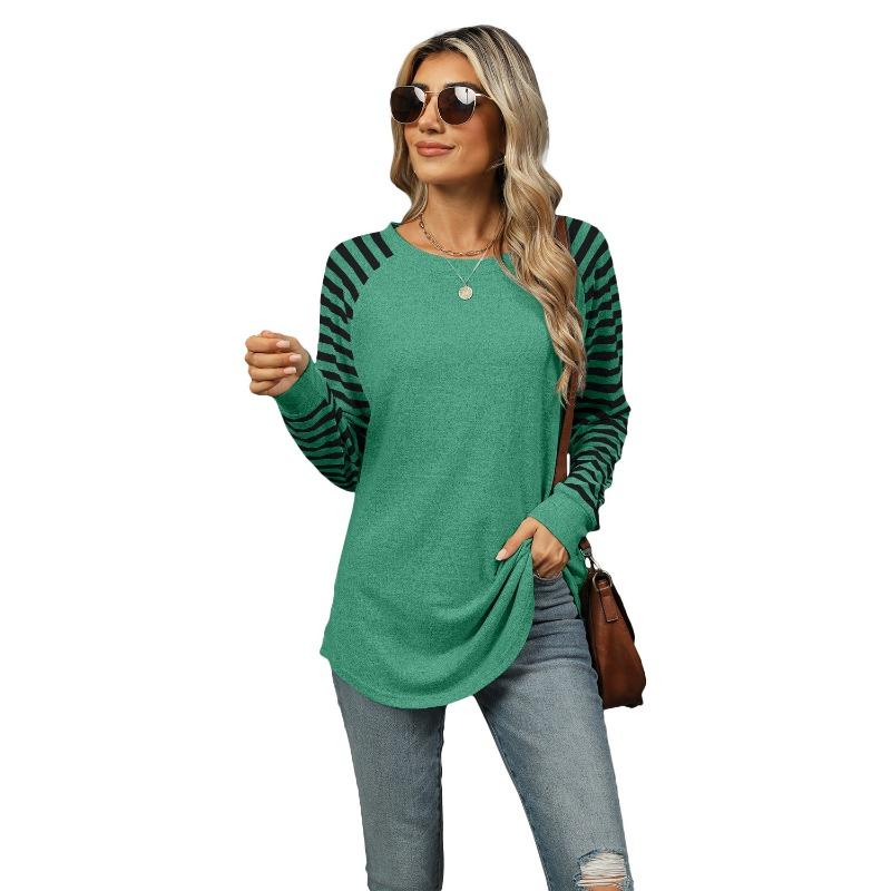 Women's New Clashing Stripes Splicing Round Neck Long Sleeve T-shirt Swallowtail Top