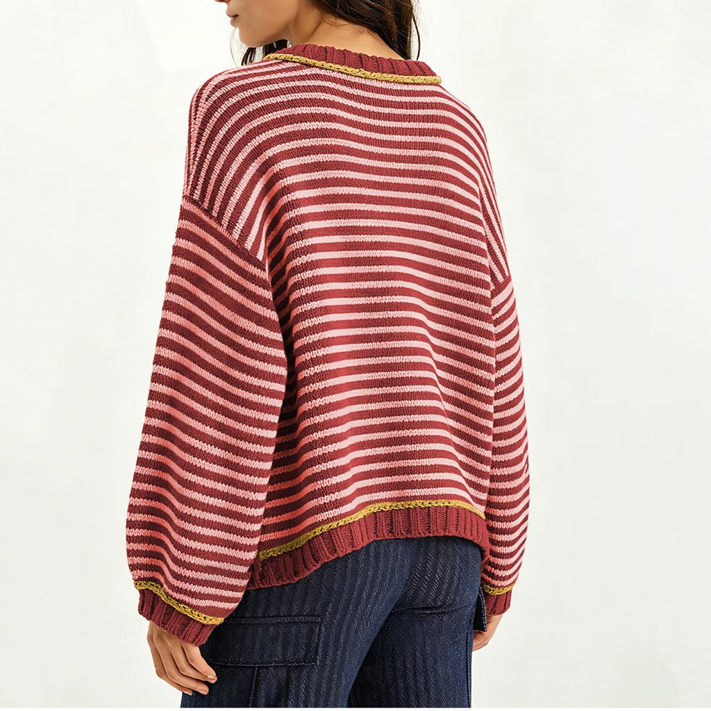 Women's Casual Loose Fit Color-Block Stripe Patchwork Knit Long Sleeve Pullover Sweater