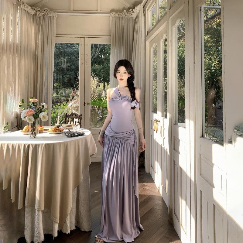 Spice Girl Sexy Design Purple Long Dress Waist Tube Top Hanging Neck Sling Slanted Shoulder Big Swing Dress Women's Summer