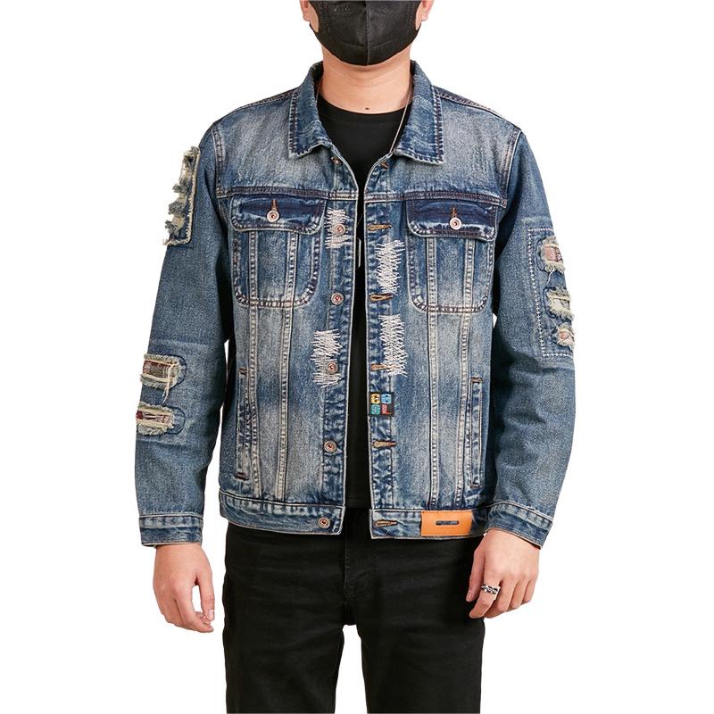Xintang Men's American Retro Ripped Patchwork Denim Jacket - Loose Fit, Long Sleeve