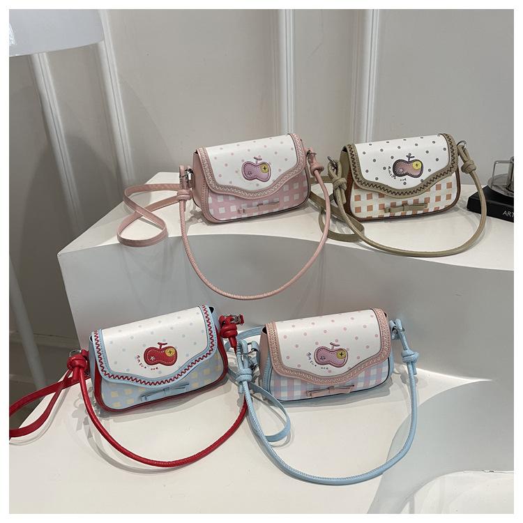 Cute Apple Plaid Patchwork Pu Shoulder Bags for Women Ctrast Color Sweet Bow Ladies Crossbody Bag Portable Girls Handbags